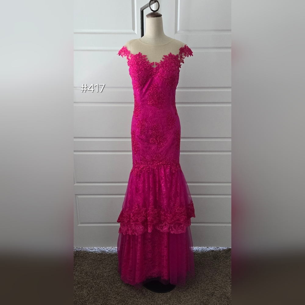 Fushia Pink Fit & Flare Lace Prom Dress